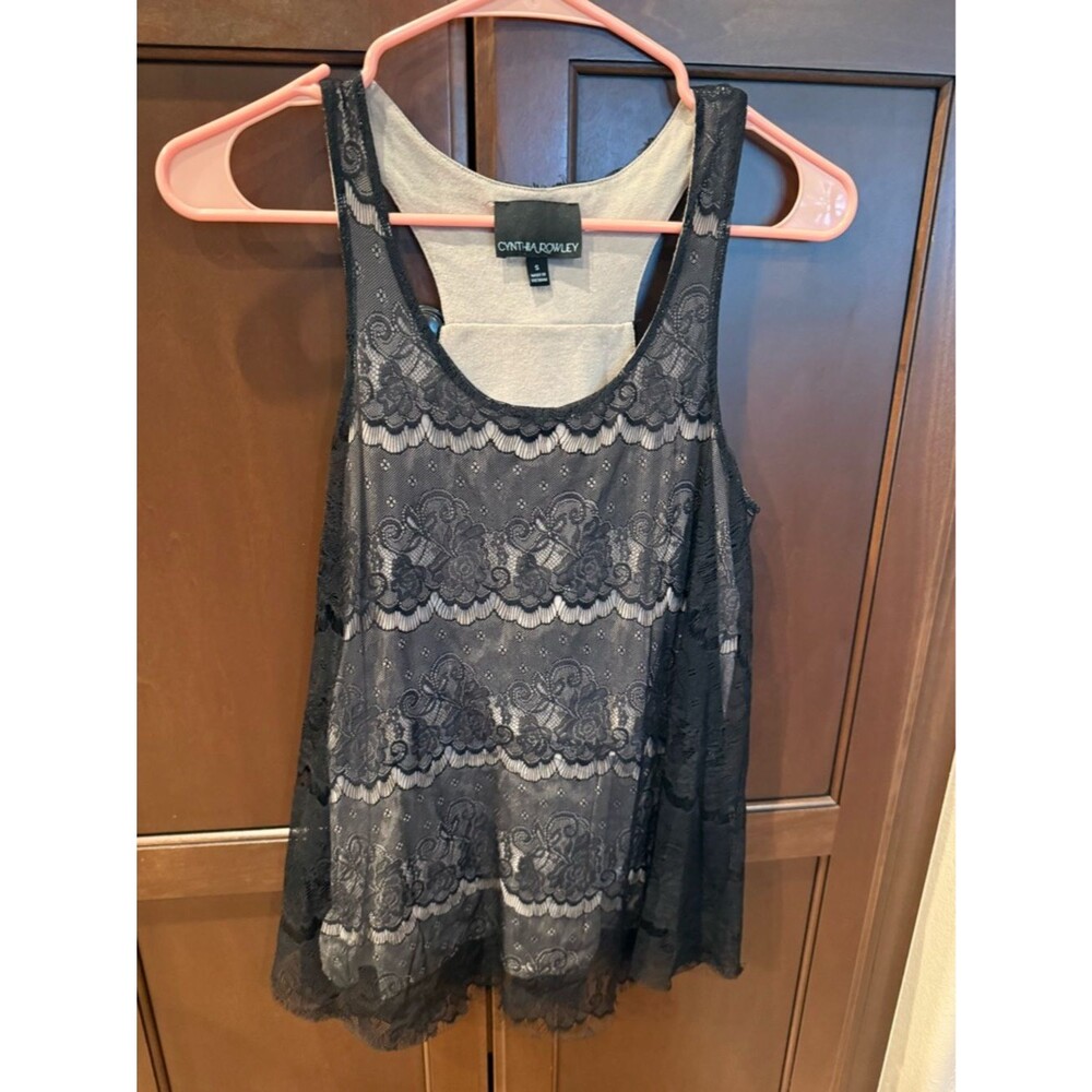 Cynthia Rowley Black Lace Overlay Camisole with Cream Underlayer